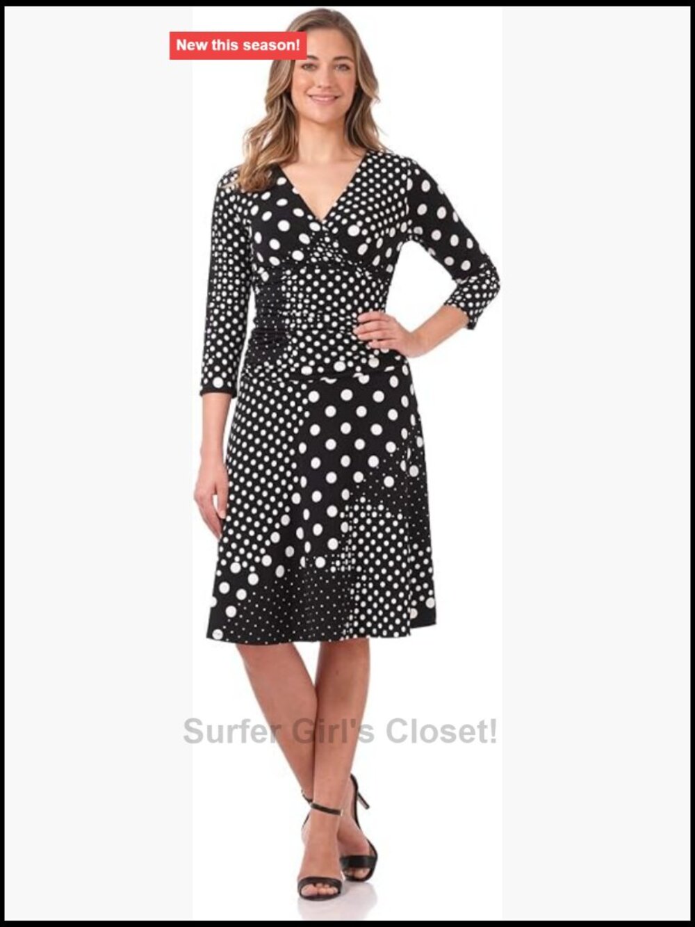 Women's Fit-and-Flare Tummy Control Dress 3/4 Sleeve V-Neck Ruched